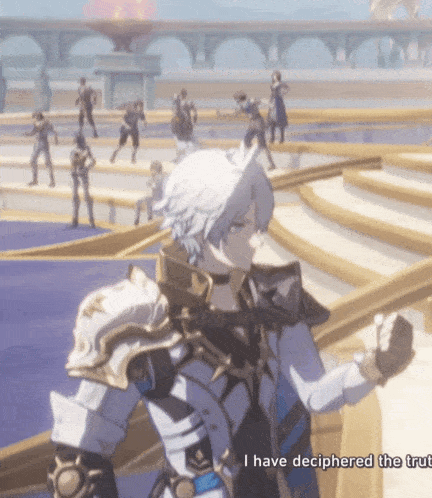 a video game character says " i have deciphered the truth " in front of a crowd