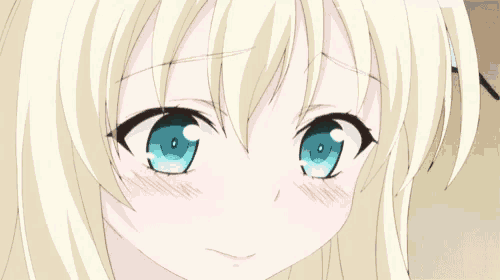 a girl with blonde hair and blue eyes is looking at the camera