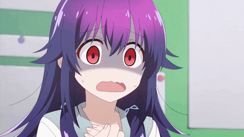 a girl with purple hair and red eyes making a surprised face