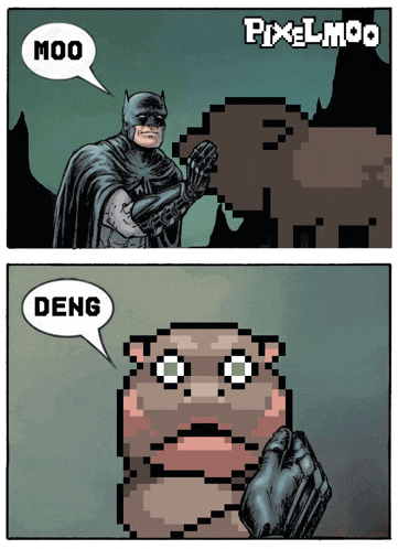 a pixel art of batman talking to a hamster with the words moo and deng in speech bubbles