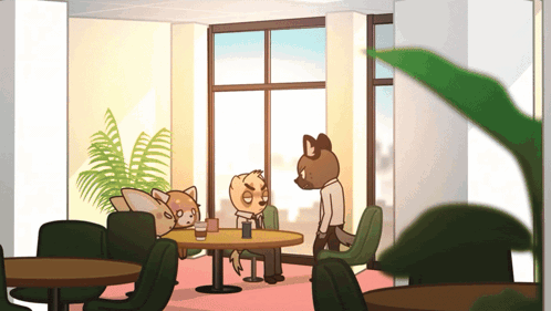 a cartoon of three animals sitting at tables in a room