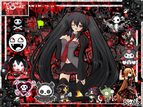 a picture of a girl with black hair is surrounded by black and red images and the words picmix