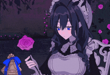 a girl in a maid outfit holds a pink rose