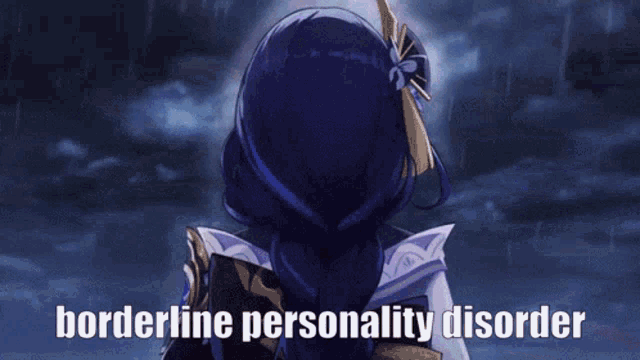 a girl with a flower in her hair is standing in the rain with the words `` borderline personality disorder '' written above her .