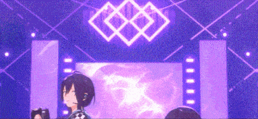 a group of anime characters are standing in front of a purple stage .