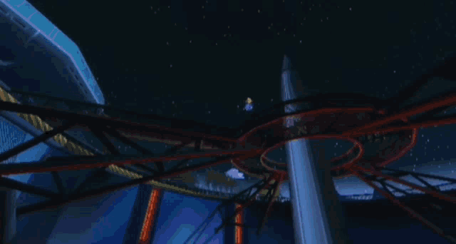 a cartoon drawing of a roller coaster with a rocket in the background