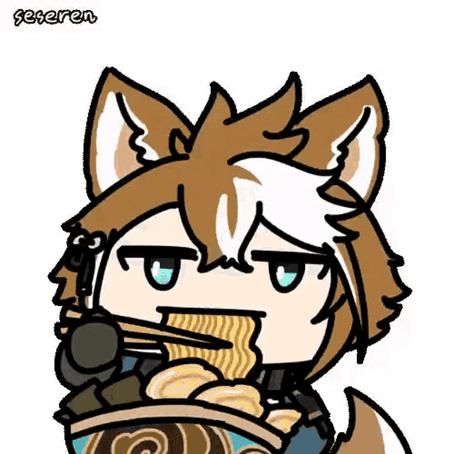 a cartoon of a fox eating noodles from a bowl with chopsticks .