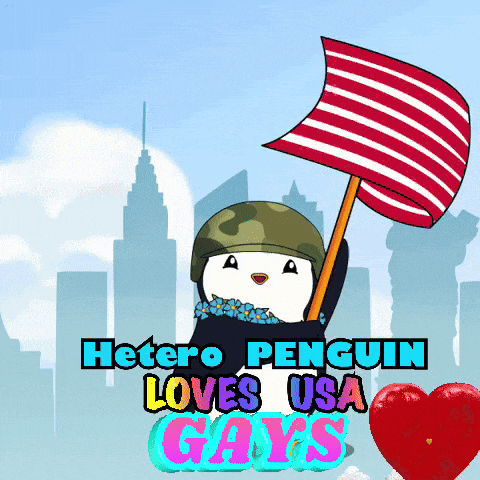 a cartoon of a penguin holding an american flag with the words hetero penguin loves usa gays below it