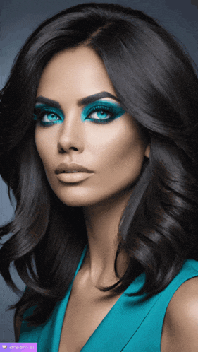 a woman with dark hair and blue eye makeup