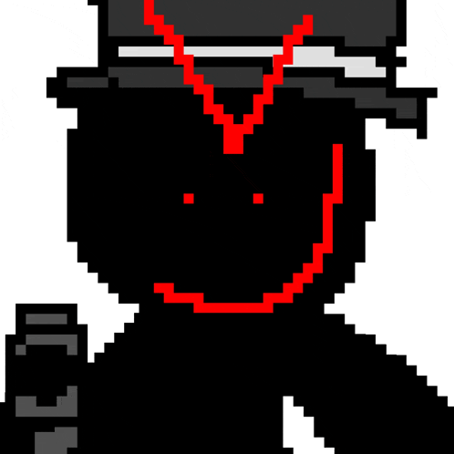 a pixel art of a person wearing a top hat with a red smile on it .