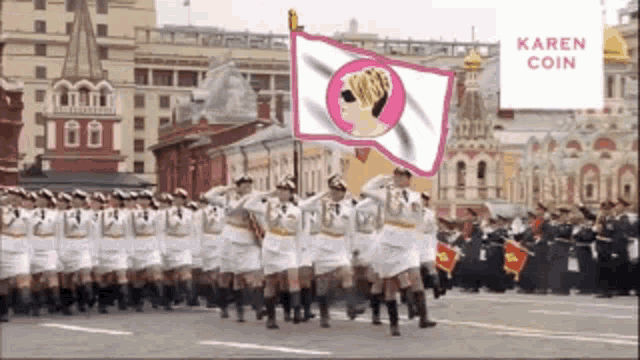 a group of soldiers marching in a parade with a banner that says karen coin