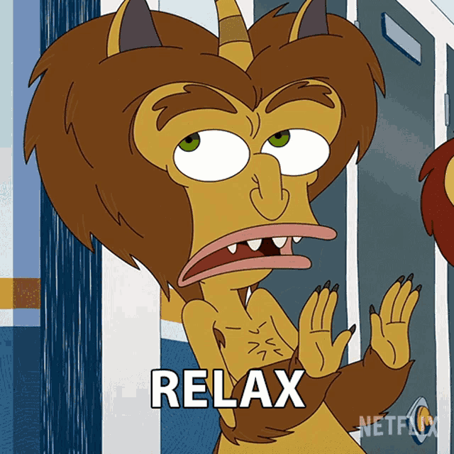 a cartoon character with a horn on his head and the word relax below him