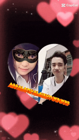 a picture of a woman wearing a mask and a man wearing headphones is surrounded by hearts
