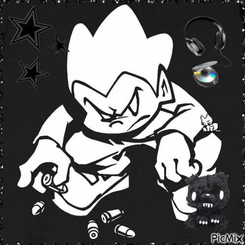 a black and white drawing of a cartoon character with headphones and cds