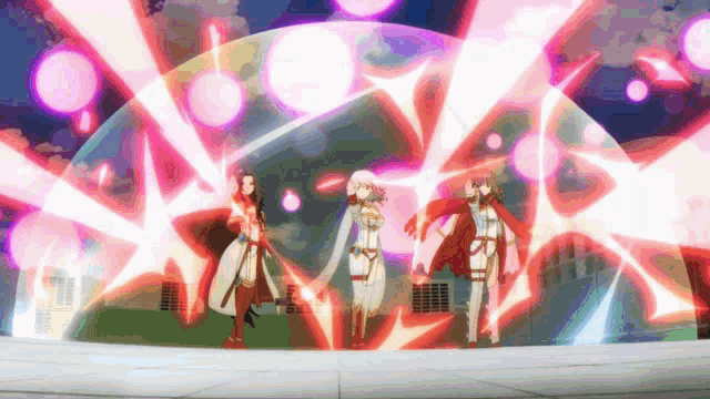 a group of anime characters are standing in front of a dome that is surrounded by glowing lights