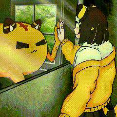 a pixel art drawing of a girl looking at her reflection in a mirror