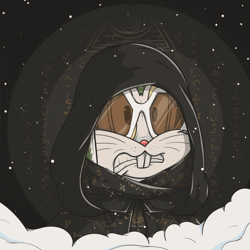 a cartoon of a rabbit wearing a black hooded cape