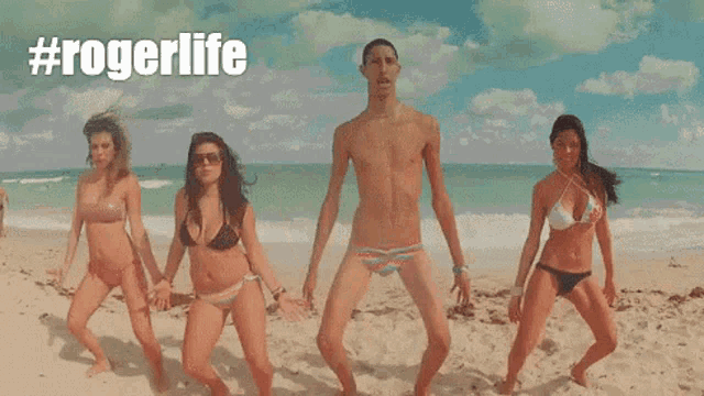 a group of people in bikinis are dancing on a beach with #rogerlife written above them