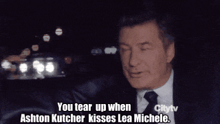 a man in a suit and tie says " you tear up when ashton kutcher kisses lea michelle "