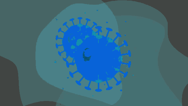 a cartoon drawing of a blue virus on a dark blue background