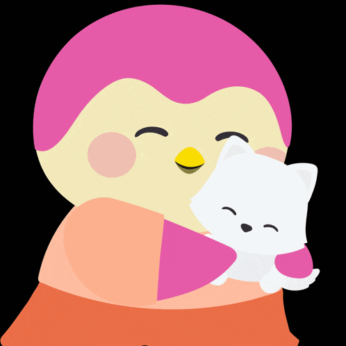 a cartoon penguin is holding a small white cat