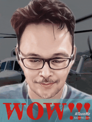 a drawing of a man with glasses and a helicopter behind him with the word wow written in red