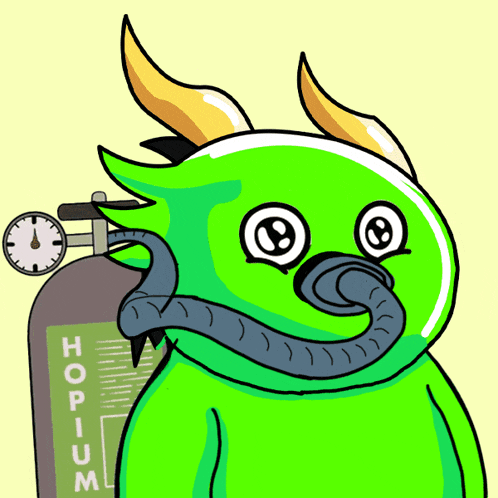 a green monster with horns is holding a bottle of hobium