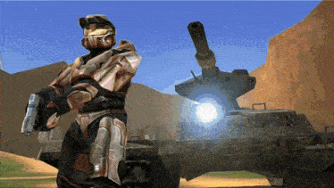a video game character standing next to a tank