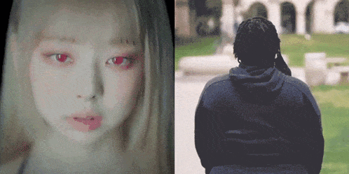 a woman with red eyes is next to a man in a hoodie