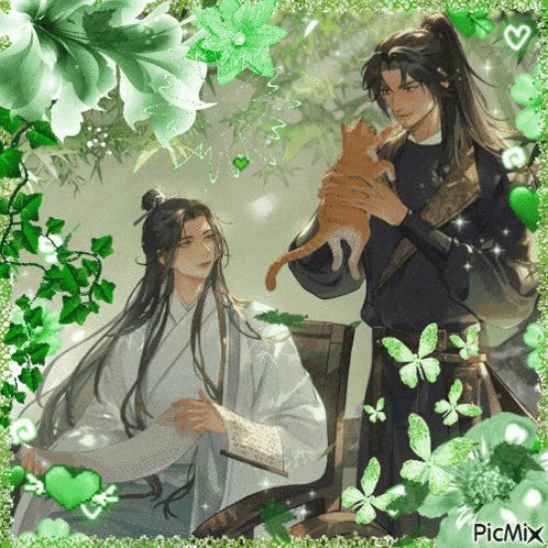 a picture of a man holding a cat with flowers and butterflies around them