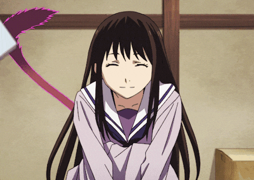 a girl with long black hair and a purple tail is smiling with her eyes closed