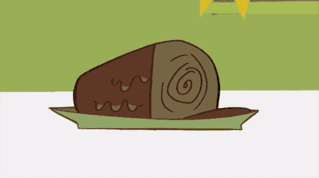a cartoon character is holding a fork over a slice of chocolate cake
