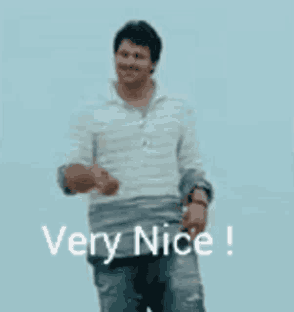 a man in a striped shirt is giving a thumbs up and the words very nice are below him .