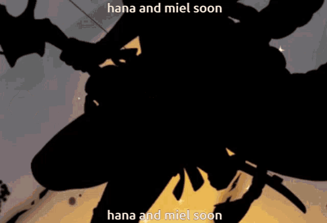 a silhouette of a man holding a bow and arrow with the words hana and miel soon below him