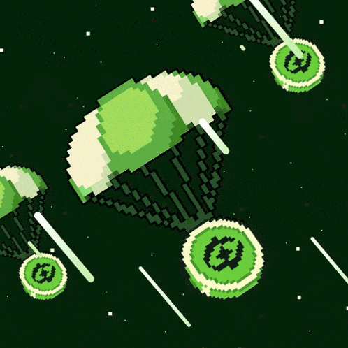 a pixel art illustration of a parachute carrying coins