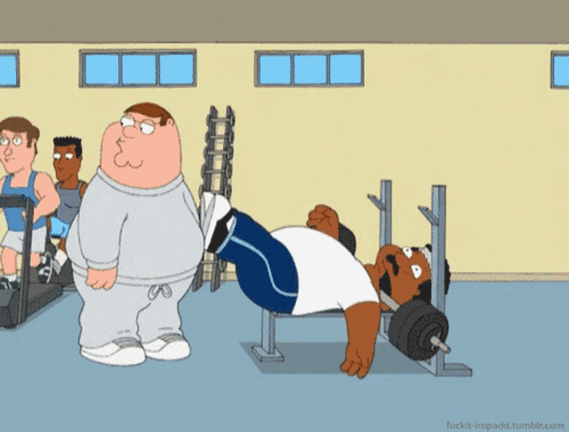 a cartoon of peter griffin standing next to a man lifting weights in a gym