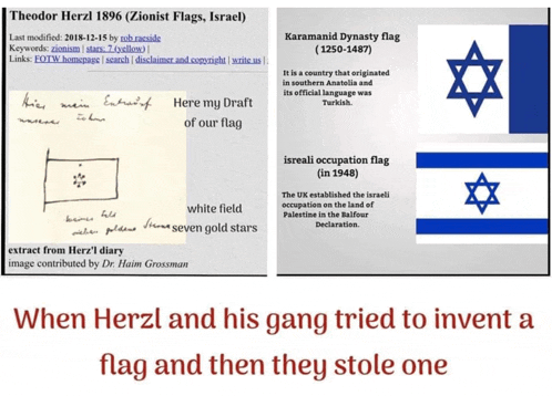 a poster showing a drawing of a flag next to a poster showing a star of david flag