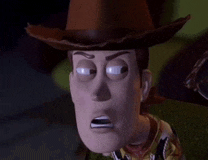 woody from toy story is wearing a cowboy hat and making a surprised face .