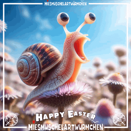 a picture of a snail with its mouth open and the words happy easter on it