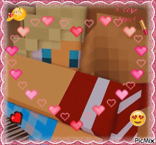a picture of a minecraft character with hearts around it