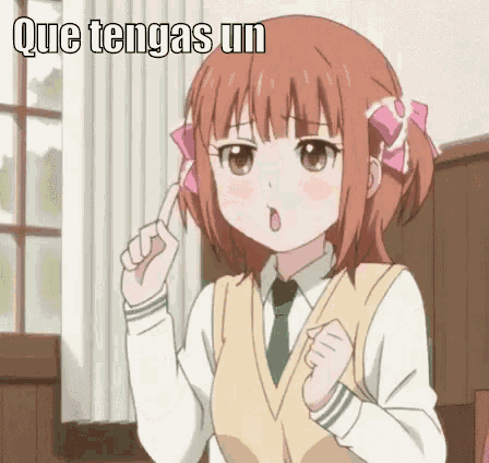 a girl in a school uniform and tie is making a funny face while holding her finger up .