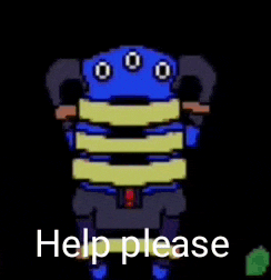 a pixel art of a robot with the words help please written below it .