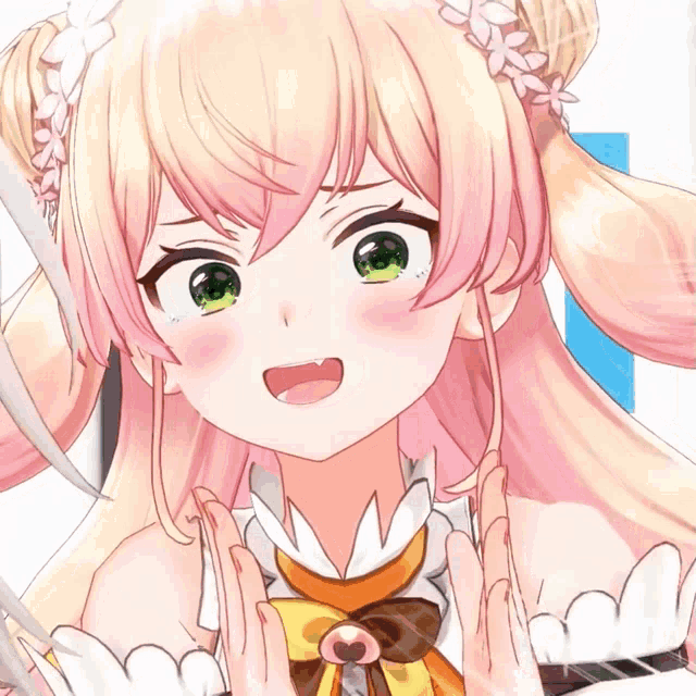 a girl with pink hair and green eyes is giving a peace sign