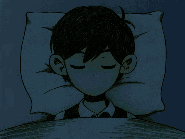 a black and white drawing of a boy sleeping in a bed