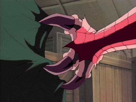 a cartoon drawing of a dragon 's claws with a red mouth