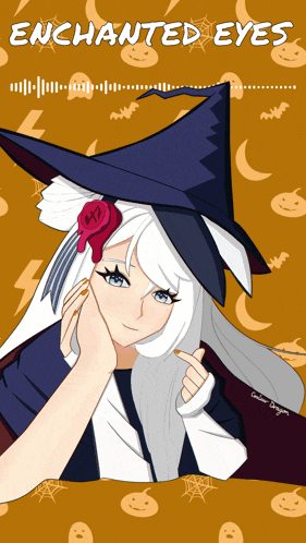 a poster for enchanted eyes features a witch with white hair and a black hat