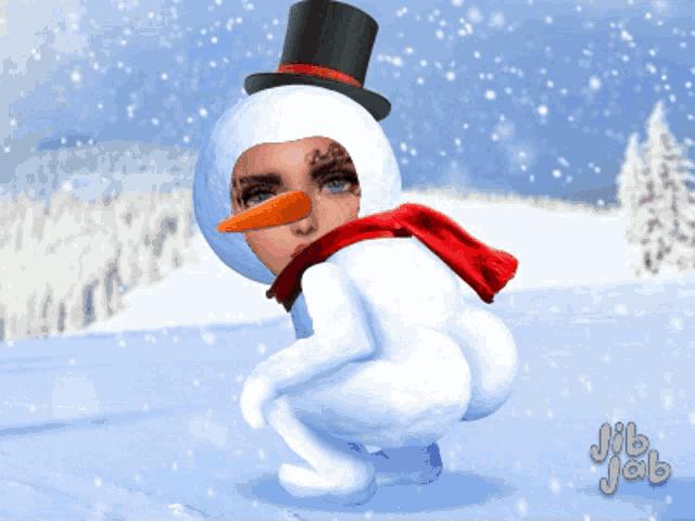 a cartoon of a woman dressed as a snowman with a top hat and scarf