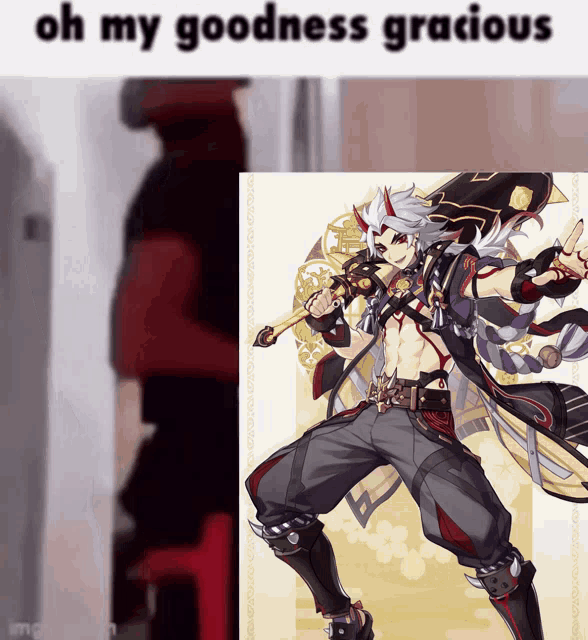 a picture of a man with horns and the words oh my goodness gracious above him
