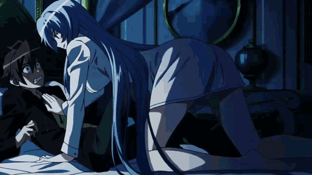 a woman with long blue hair is kneeling on a bed with a man