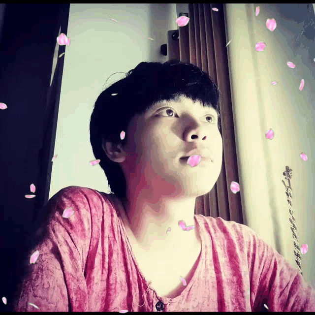 a man in a pink shirt is surrounded by petals